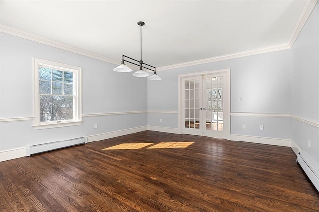 unfurnished dining area with dark wood-type flooring, ornamental molding, french doors, and a baseboard radiator