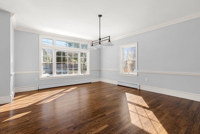 unfurnished dining area featuring crown molding, wood finished floors, baseboards, and a baseboard radiator