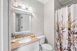 bathroom featuring vanity, curtained shower, and toilet