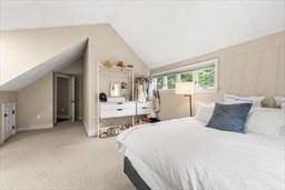 bedroom with lofted ceiling and carpet flooring