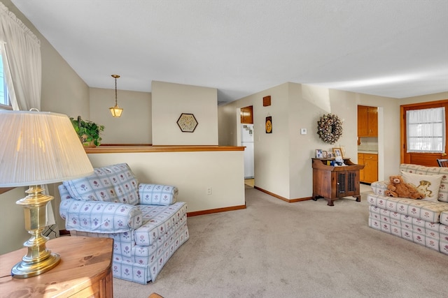 living room with light colored carpet