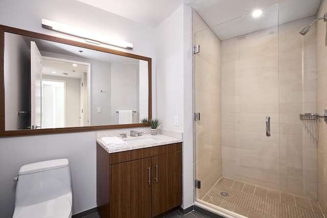 580 Washington St Unit 10F, Boston, MA 02111 - bathroom featuring vanity, a shower stall, and recessed lighting