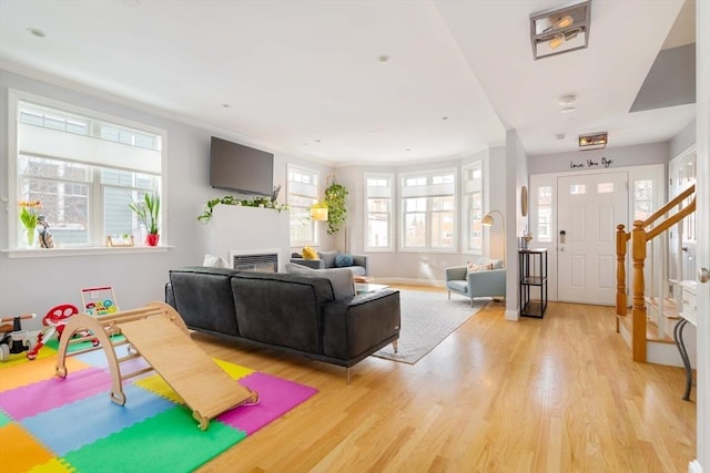 living room with crown molding and light hardwood / wood-style floors