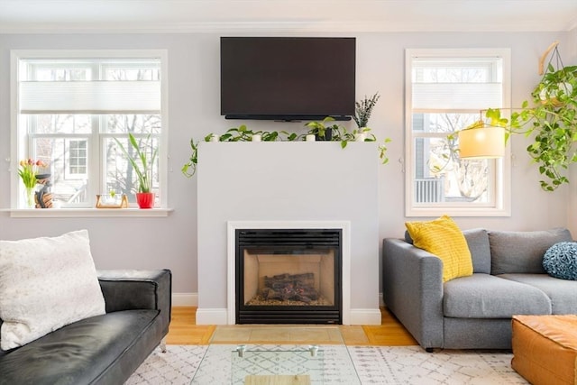 living room with ornamental molding and plenty of natural light