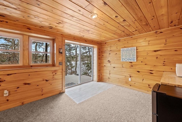 entryway featuring carpet flooring, wooden ceiling, and wooden walls