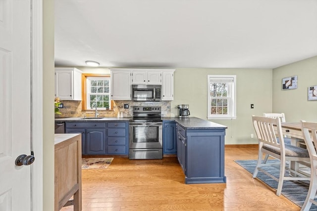 kitchen featuring blue cabinets, plenty of natural light, white cabinets, and appliances with stainless steel finishes