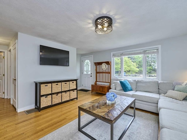 440 Forest St, Waltham, MA 02452 - living area featuring light wood-style floors, a textured ceiling, and baseboards