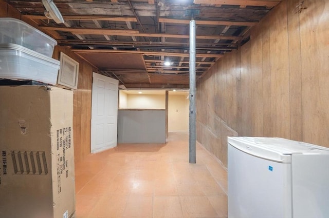 1 Holly St, Attleboro, MA 02703 - finished basement featuring fridge and wood walls