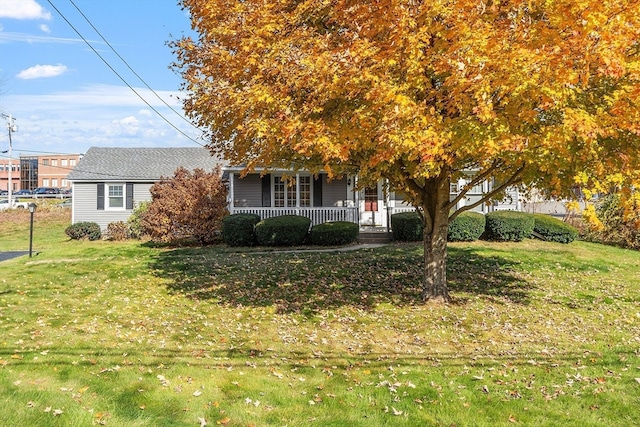 view of property hidden behind natural elements featuring a porch and a front lawn