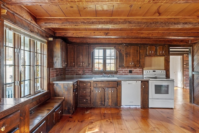 kitchen with white appliances, wood ceiling, beamed ceiling, and light wood-type flooring