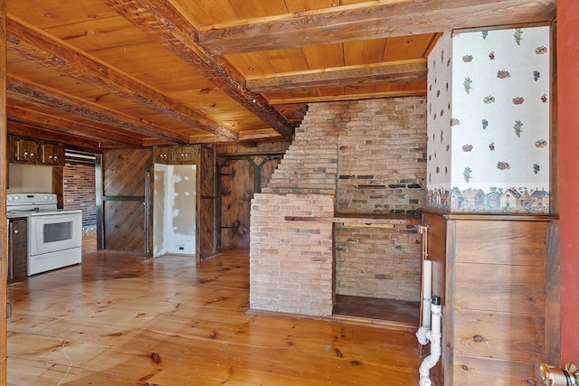 kitchen with white electric range, beamed ceiling, wood ceiling, and light hardwood / wood-style floors