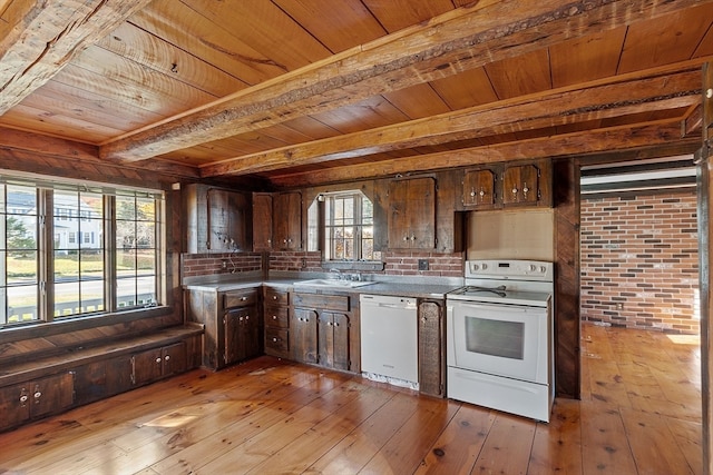 kitchen featuring wood ceiling, beamed ceiling, dark brown cabinets, light wood-type flooring, and white appliances