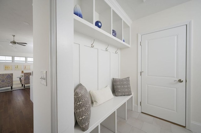 mudroom featuring ceiling fan