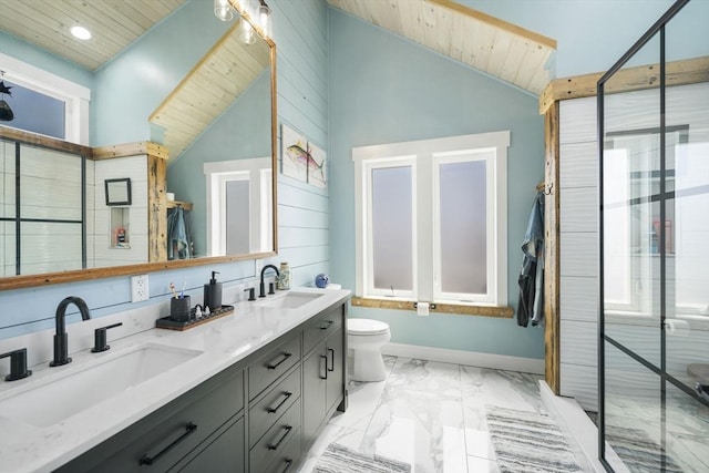 21 Hudson St, New Bedford, MA 02744 - bathroom featuring wooden ceiling, lofted ceiling, marble look tile flooring, double vanity, and a stall shower