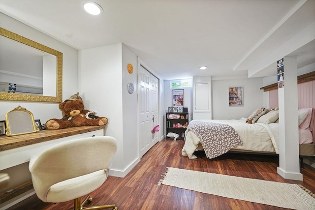 21 Hudson St, New Bedford, MA 02744 - bedroom featuring recessed lighting, baseboards, dark wood-style flooring, and a closet