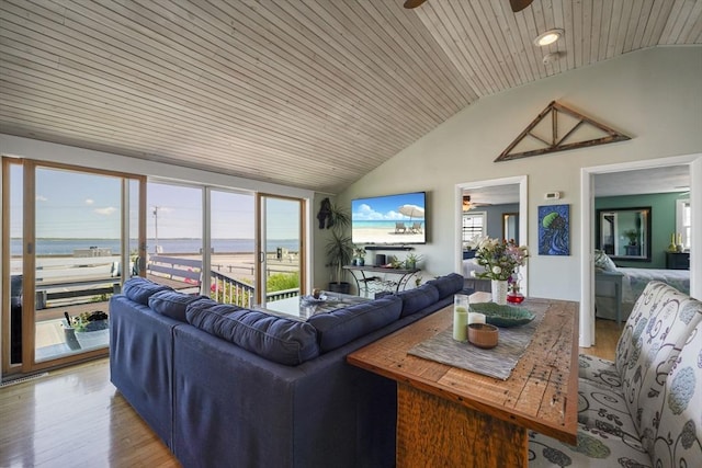 21 Hudson St, New Bedford, MA 02744 - living room featuring ceiling fan, lofted ceiling, light wood-style floors, and wooden ceiling