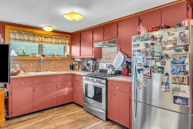 kitchen with sink, tasteful backsplash, appliances with stainless steel finishes, tile counters, and light hardwood / wood-style floors