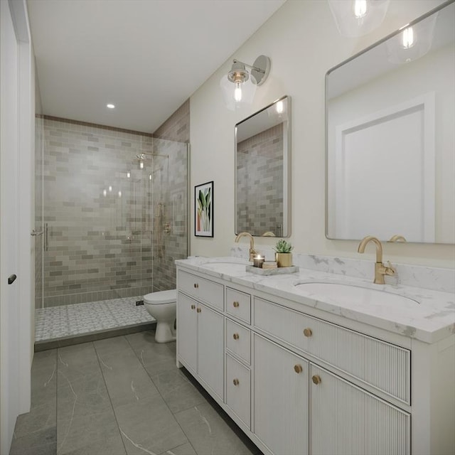 33 Pearl St Unit 6, Boston, MA 02125 - bathroom featuring double vanity, a shower stall, toilet, and recessed lighting