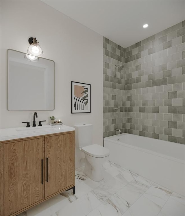 33 Pearl St Unit 6, Boston, MA 02125 - bathroom featuring toilet, vanity, shower / bathtub combination, marble finish floors, and recessed lighting