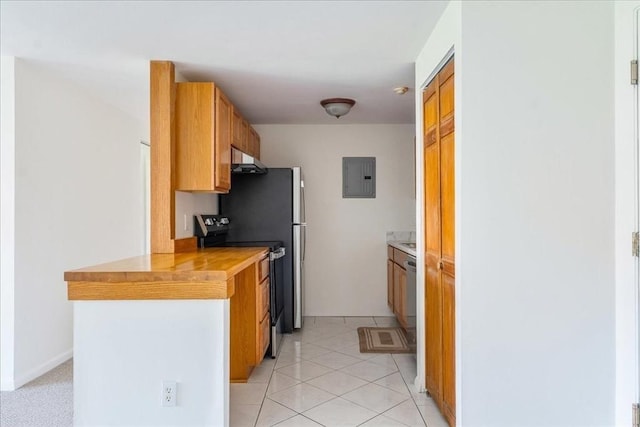 kitchen with electric panel, under cabinet range hood, light countertops, stainless steel dishwasher, and electric range oven