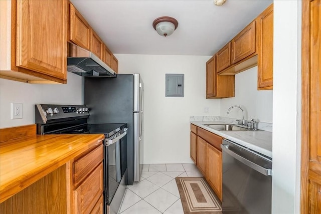 kitchen featuring butcher block counters, a sink, extractor fan, electric panel, and stainless steel appliances