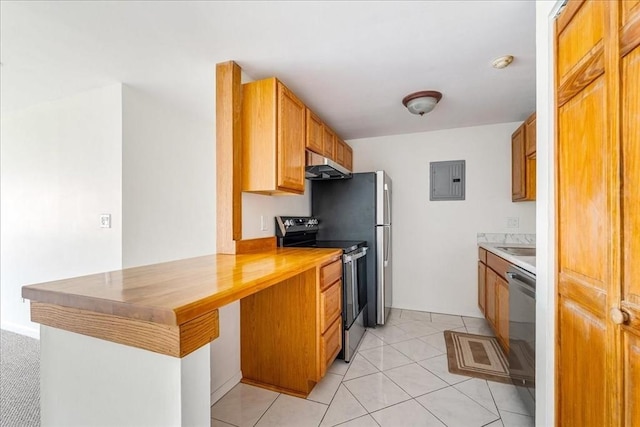 kitchen with under cabinet range hood, a peninsula, electric panel, built in desk, and appliances with stainless steel finishes