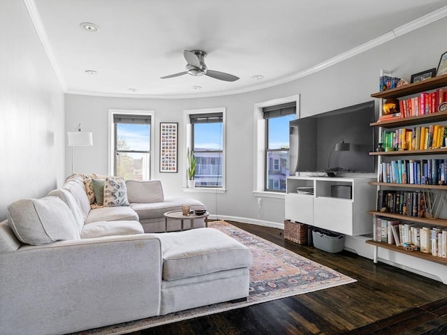 living room featuring a ceiling fan, ornamental molding, wood finished floors, recessed lighting, and baseboards