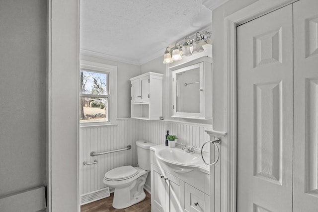 full bathroom featuring vanity, wood finished floors, wainscoting, a textured ceiling, and toilet