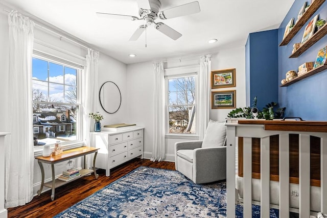 bedroom with ceiling fan, recessed lighting, wood finished floors, and baseboards