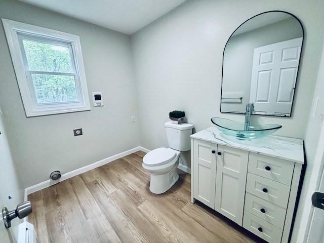 139 E County Rd Unit 139, Rutland, MA 01543 - bathroom with toilet, vanity, baseboards, and wood finished floors