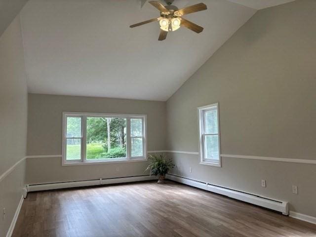 139 E County Rd Unit 139, Rutland, MA 01543 - unfurnished room with baseboard heating, wood finished floors, lofted ceiling, ceiling fan, and baseboards