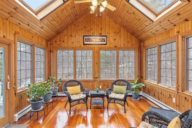 sunroom / solarium featuring a ceiling fan, vaulted ceiling with skylight, wooden ceiling, and baseboard heating