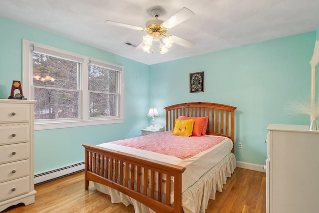 bedroom featuring light wood-type flooring, a baseboard radiator, visible vents, and baseboards