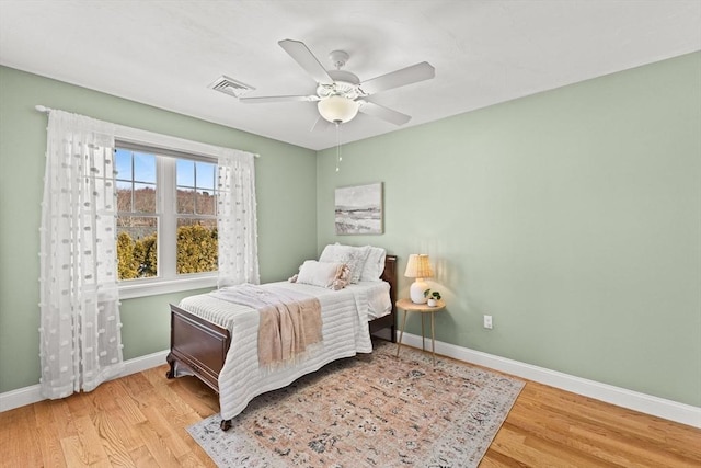 bedroom featuring ceiling fan and light wood-type flooring