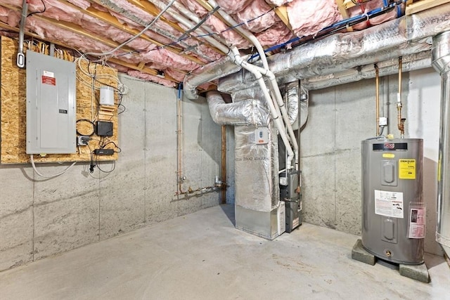 utilities featuring heating unit, electric panel, and water heater