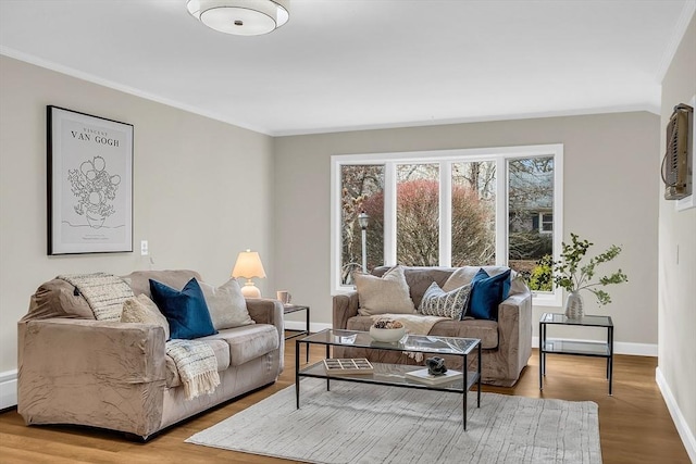 living room featuring light hardwood / wood-style floors and ornamental molding