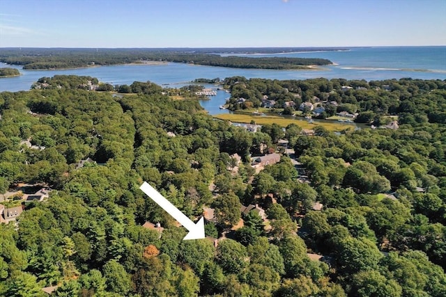 aerial view featuring a water view and a view of trees