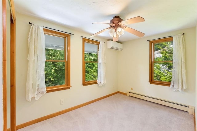 unfurnished room with baseboards, a wall mounted air conditioner, carpet flooring, ceiling fan, and a baseboard radiator