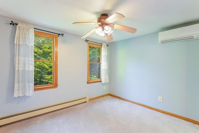 carpeted spare room with a baseboard radiator, ceiling fan, baseboards, and an AC wall unit