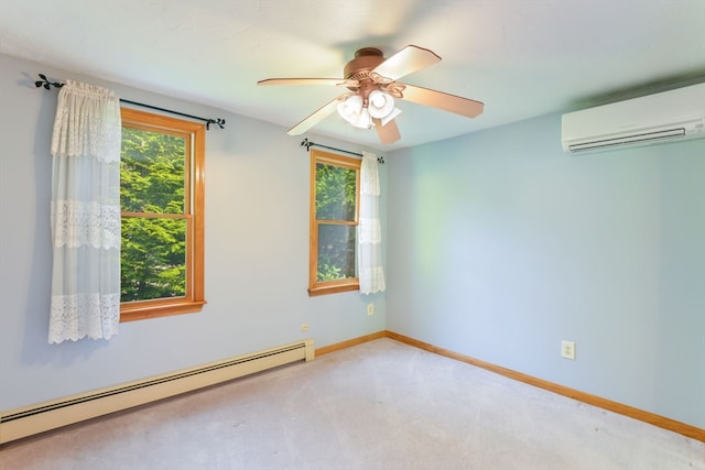 carpeted empty room with a baseboard heating unit, ceiling fan, plenty of natural light, and a wall mounted air conditioner