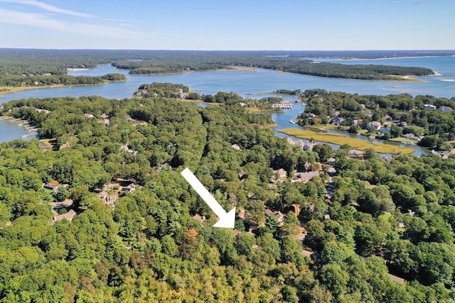 birds eye view of property with a wooded view and a water view