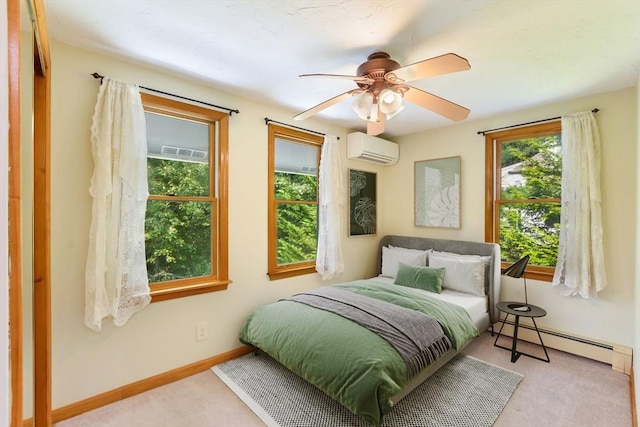 bedroom with a baseboard radiator, a wall mounted AC, carpet flooring, and multiple windows