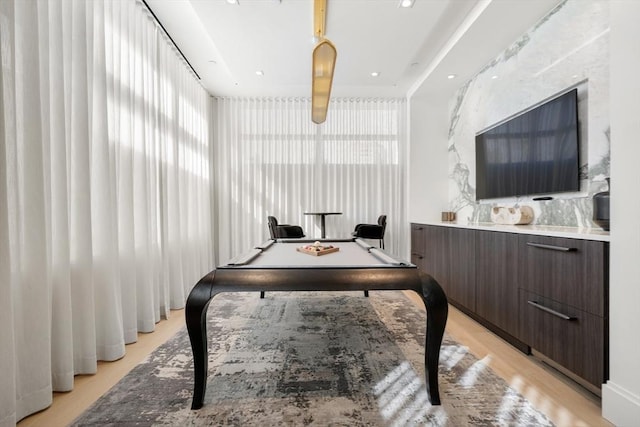 playroom with light wood-type flooring and billiards