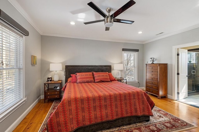 bedroom with visible vents, recessed lighting, crown molding, light wood finished floors, and baseboards