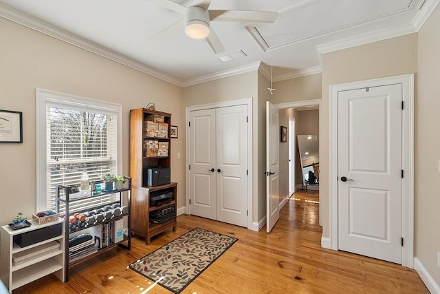 interior space with attic access, light wood-style flooring, crown molding, and baseboards