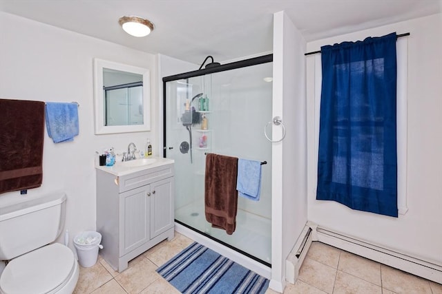 bathroom featuring a shower with shower door, tile patterned floors, a baseboard heating unit, and toilet