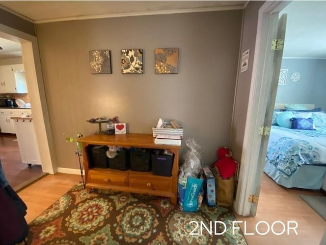 interior space featuring crown molding and light hardwood / wood-style floors