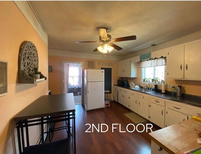 kitchen with white fridge, white cabinetry, a healthy amount of sunlight, and sink