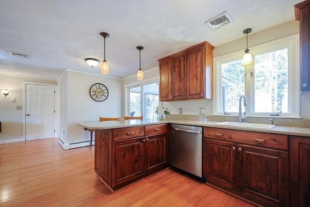 kitchen featuring visible vents, stainless steel dishwasher, a baseboard heating unit, a sink, and a peninsula