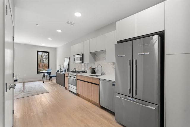 kitchen featuring high quality appliances, a sink, light wood finished floors, white cabinetry, and modern cabinets